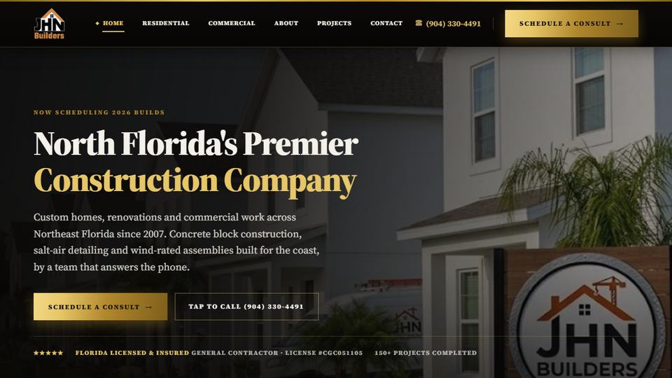 jhnbuilders.com homepage: North Florida's Premier Construction Company